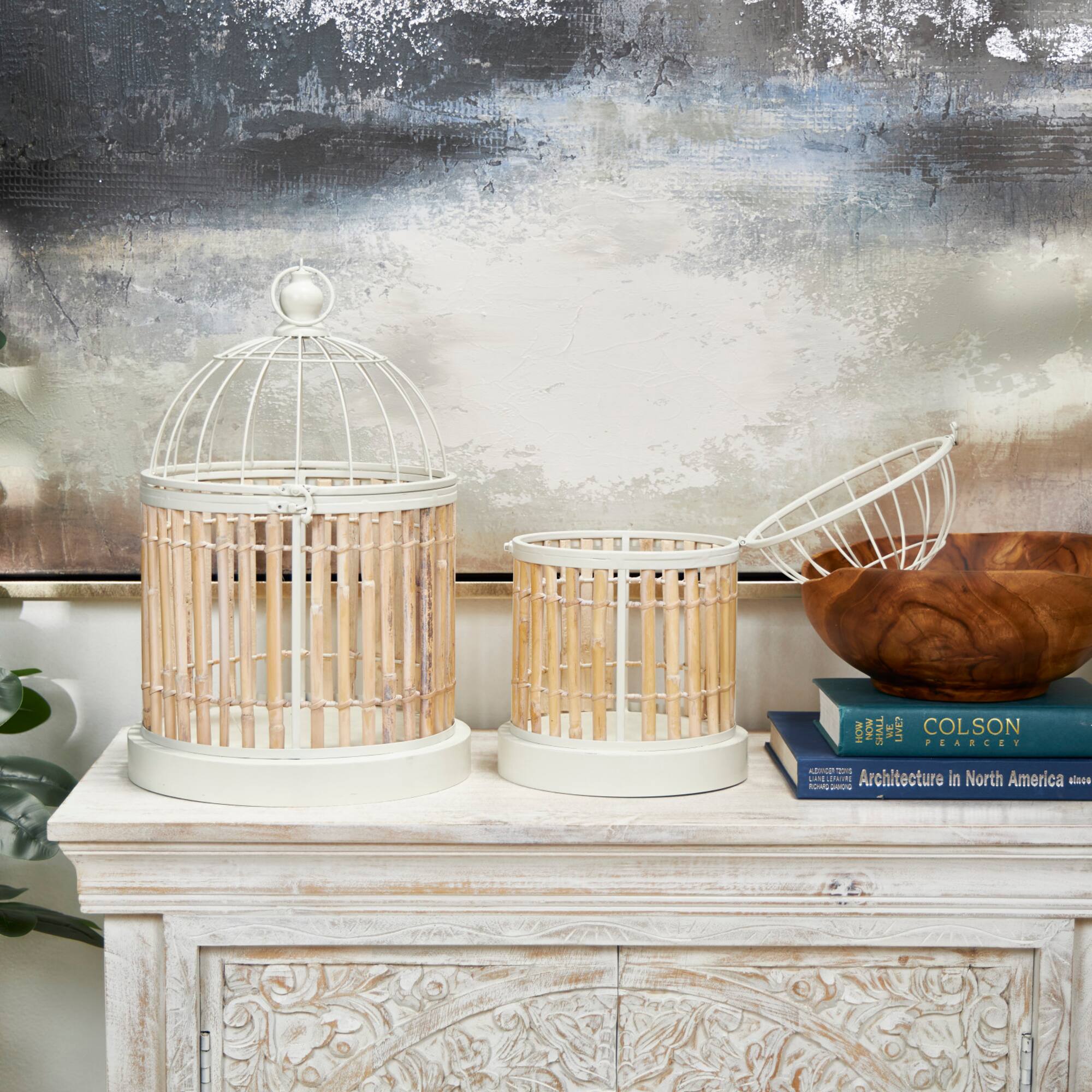Brown Bamboo Wood Handmade Birdcage Set with White Metal Accents